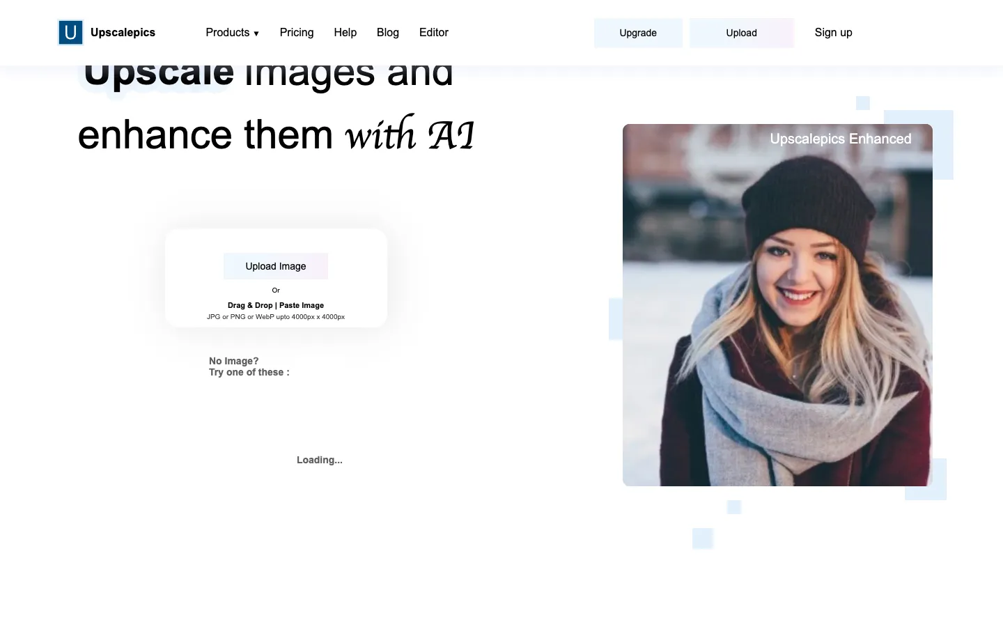 Screenshot of the Upscalepics homepage