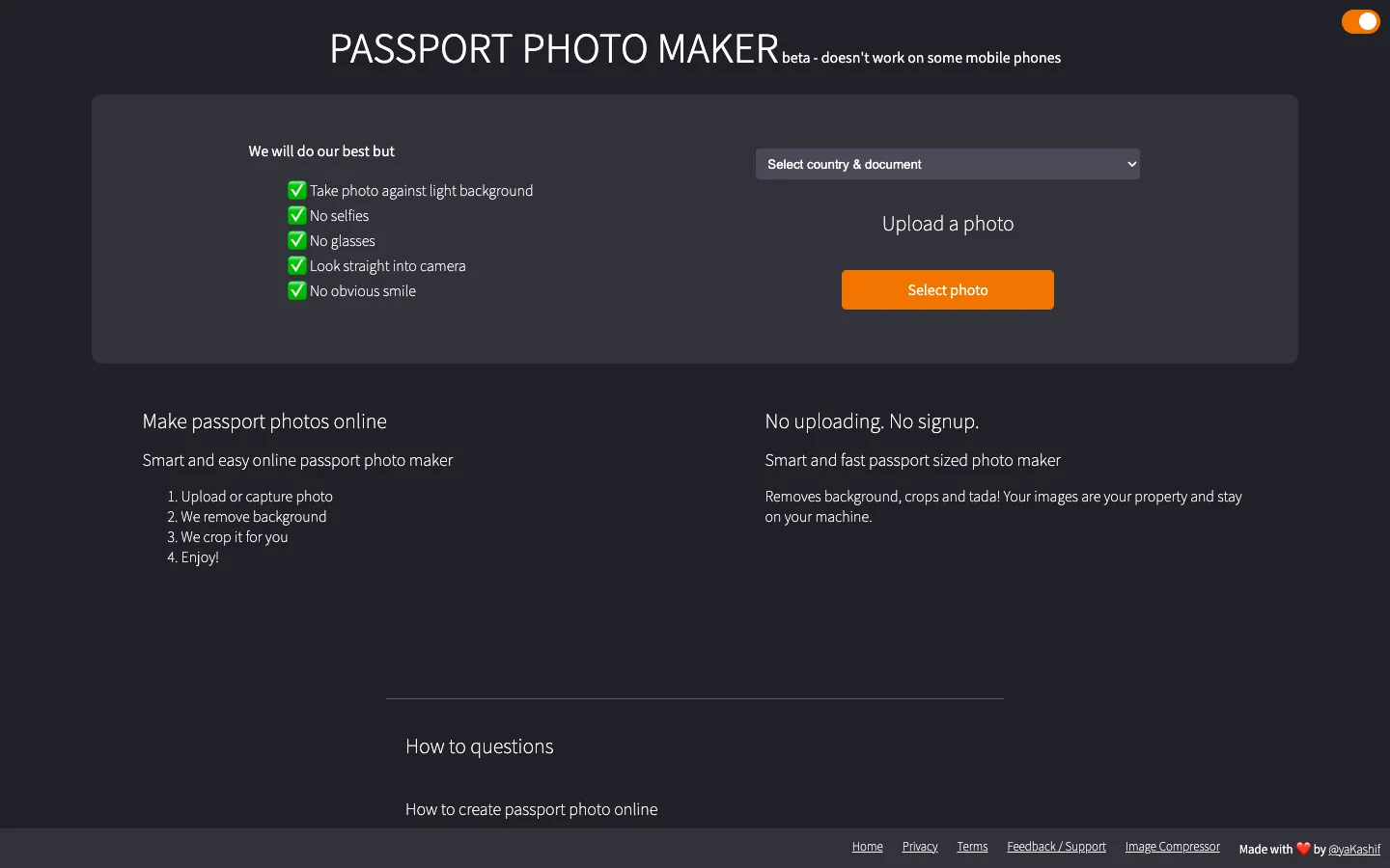 Screenshot of the Passport Photo Maker homepage