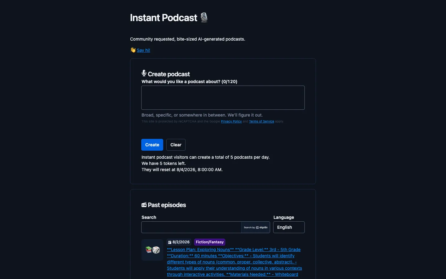 Screenshot of the Instant Podcast homepage