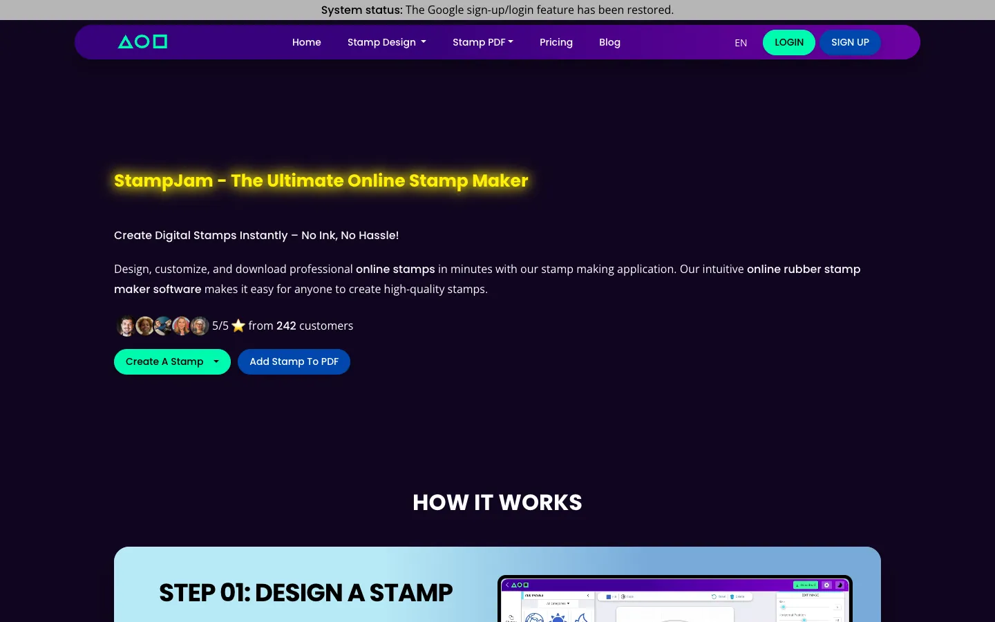 Screenshot of the StampJam homepage