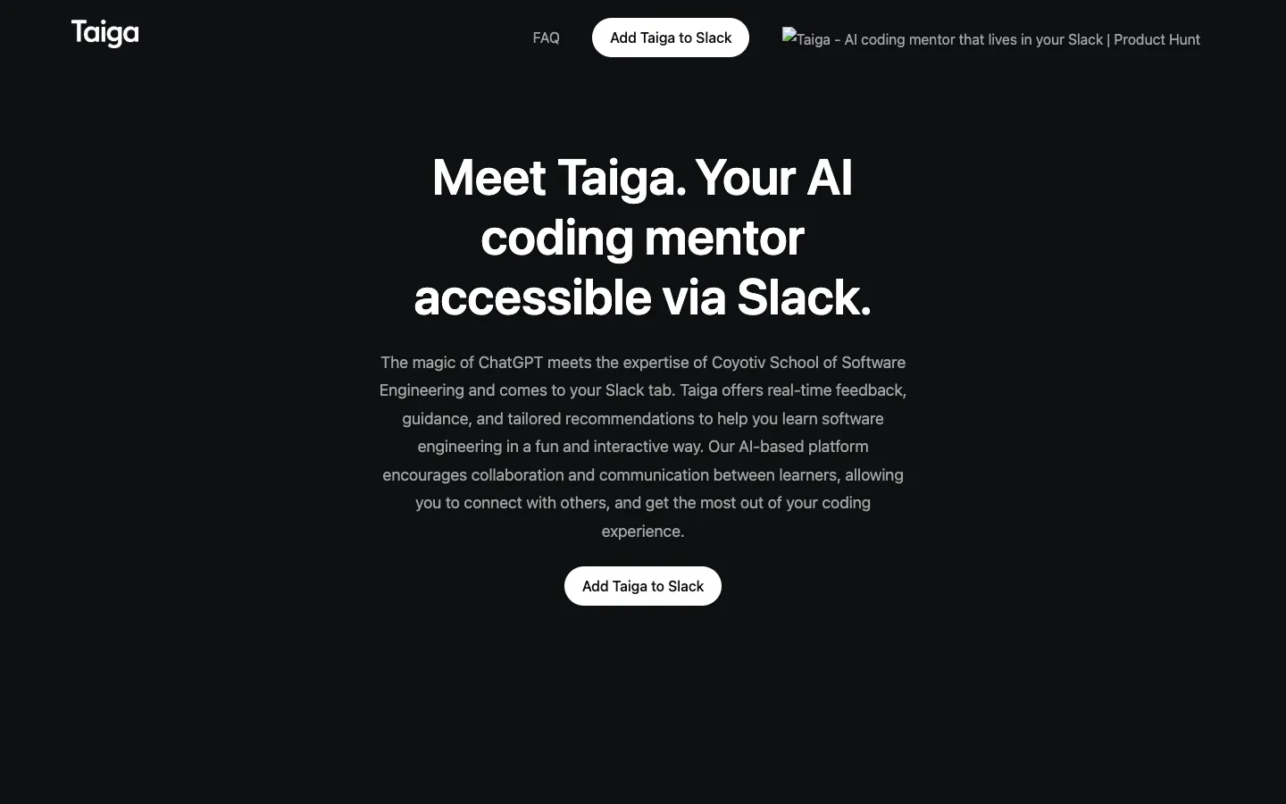 Screenshot of the Taiga homepage