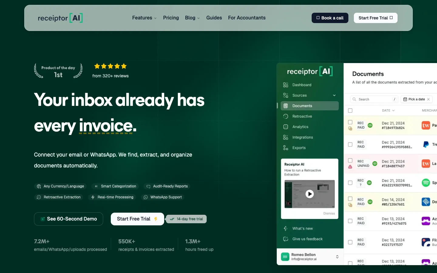 Screenshot of the Receiptor.ai homepage