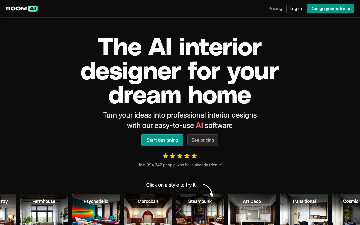 Screenshot of the Room AI homepage