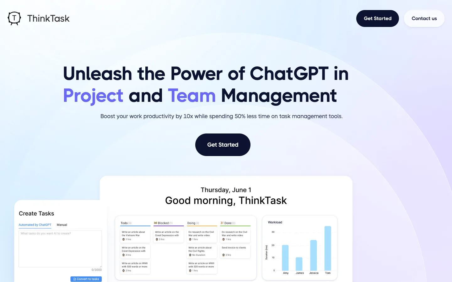 Screenshot of the ThinkTask homepage