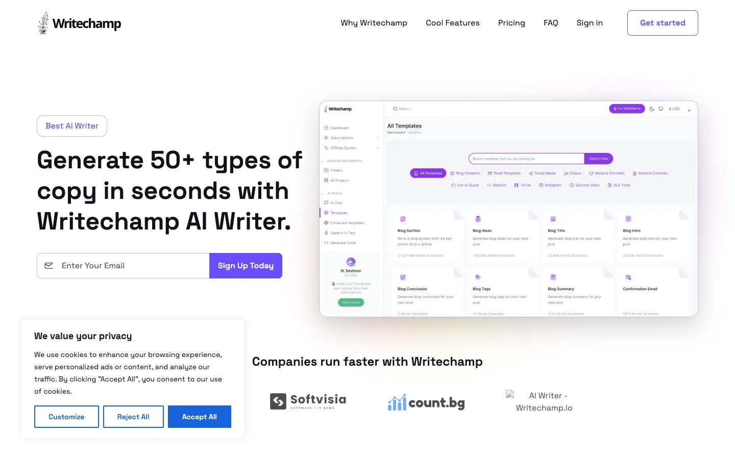 Screenshot of the Writechamp.io homepage