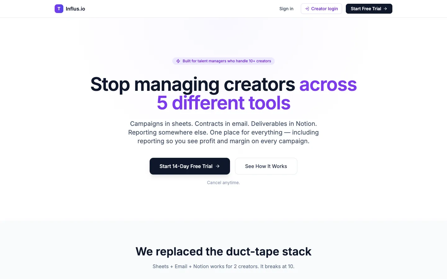 Screenshot of the Influs homepage