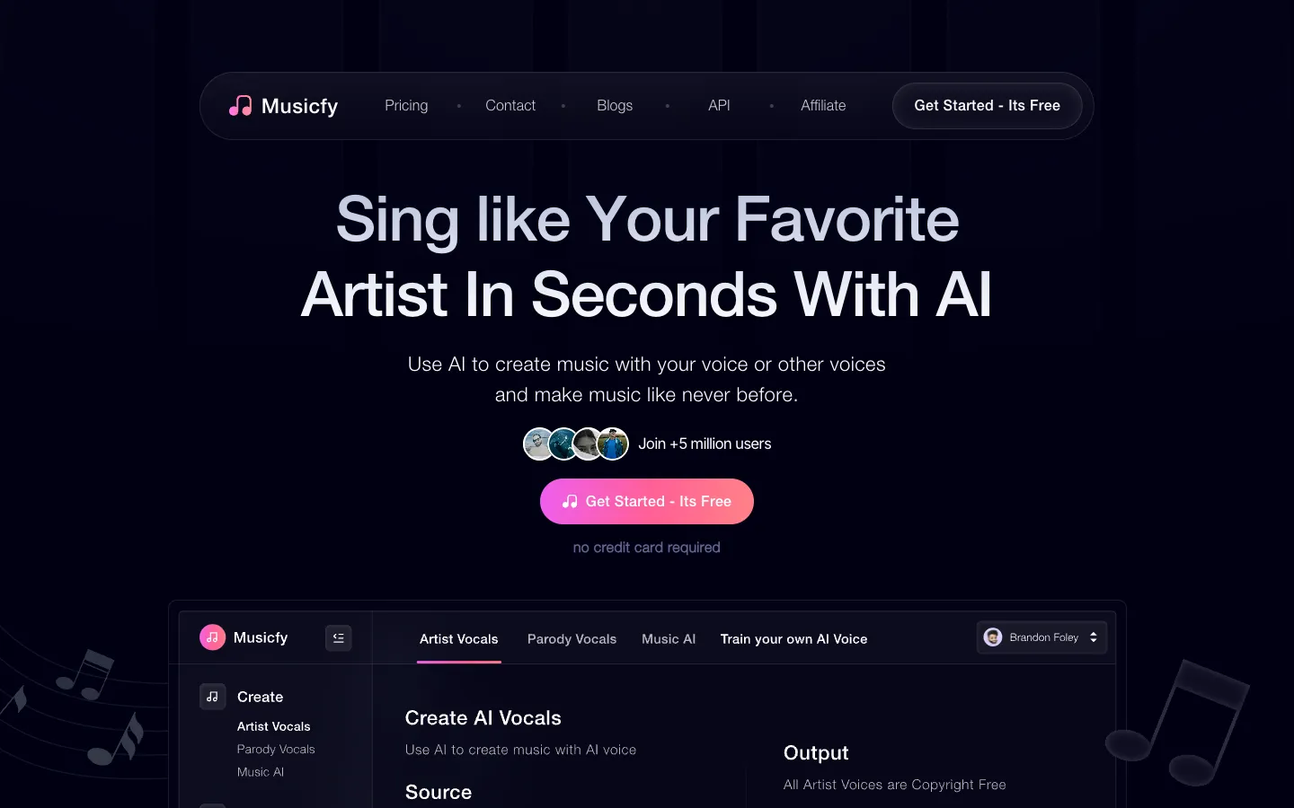 Screenshot of the Musicfy homepage