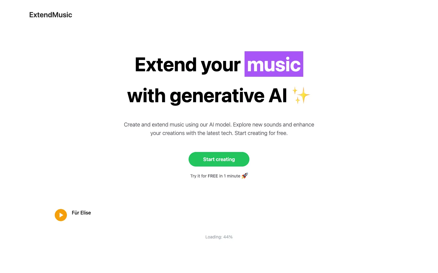 Screenshot of the ExtendMusic.AI homepage