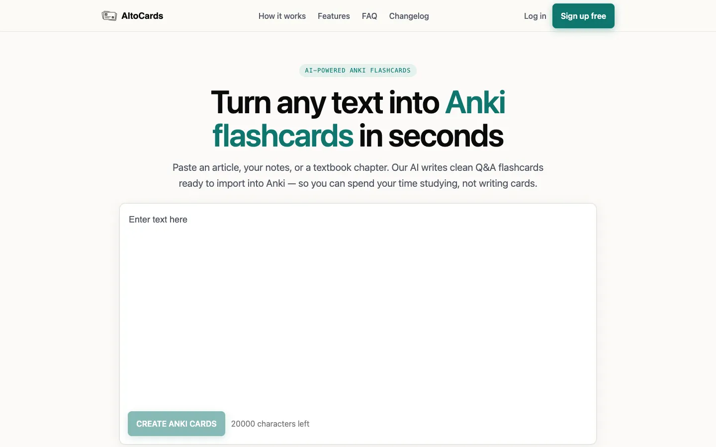 Screenshot of the Ai To Cards homepage