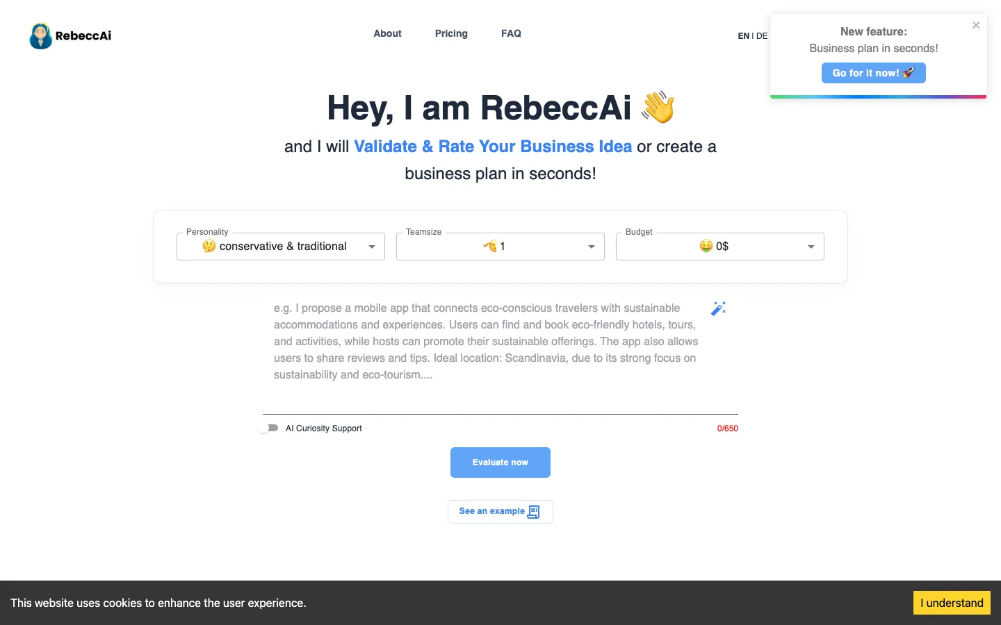 Screenshot of the RebeccAi - It's. Your. Idea. homepage