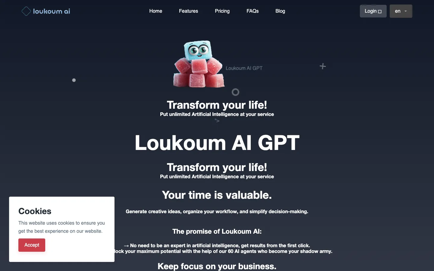 Screenshot of the Loukoum.ai : Sweet GPT Assistant homepage