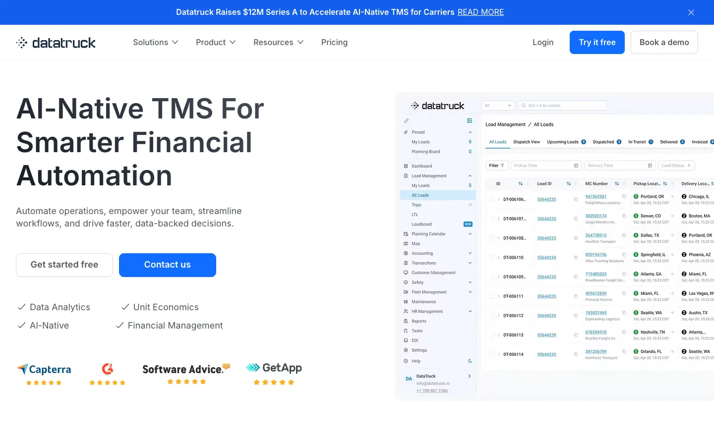 Screenshot of the Datatruck homepage