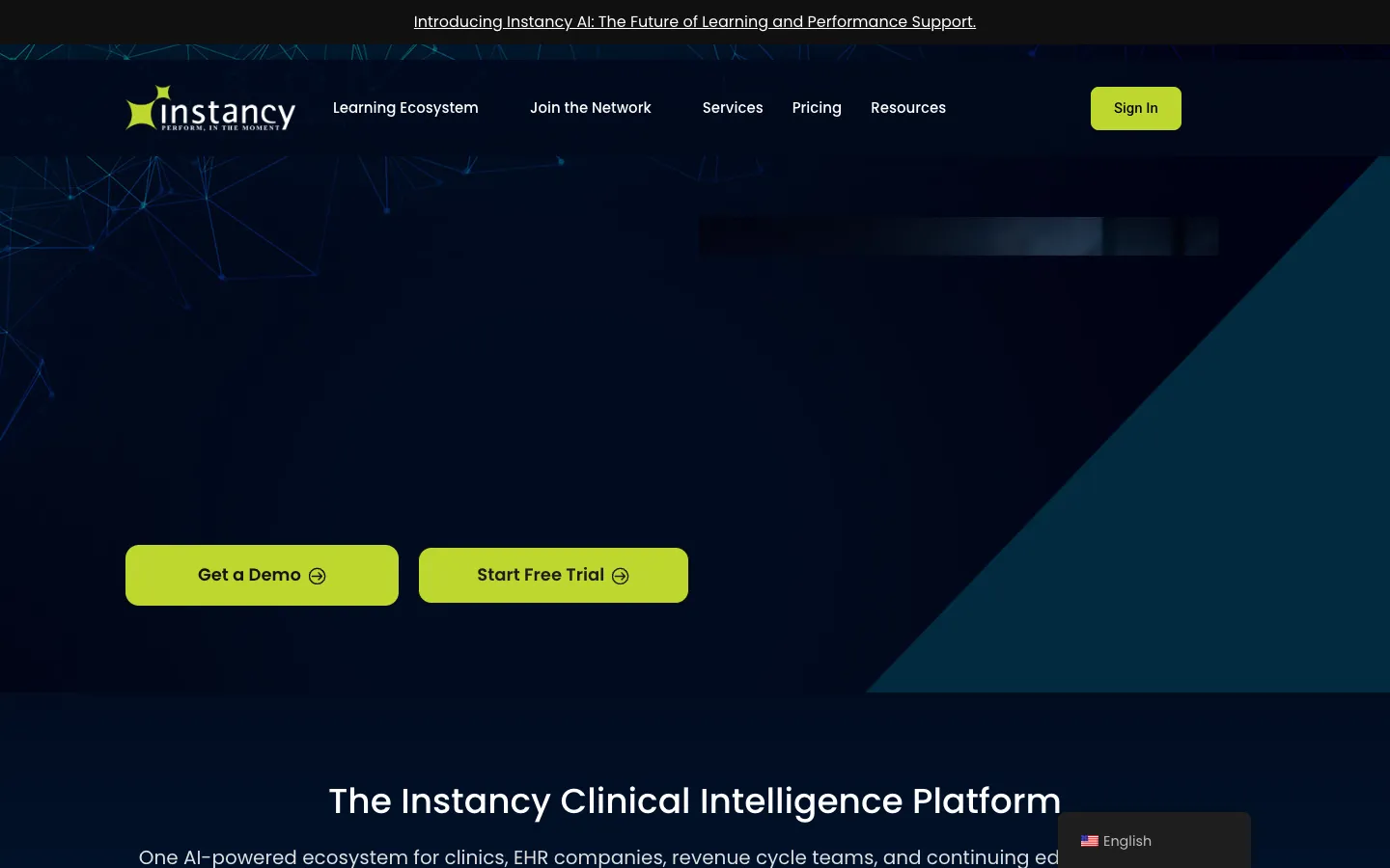 Screenshot of the Instancy homepage