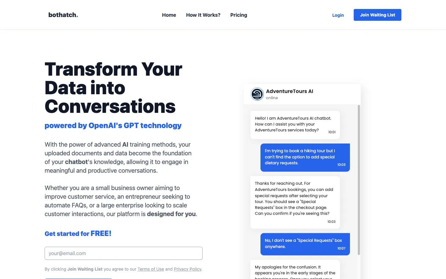 Screenshot of the Bothatch homepage