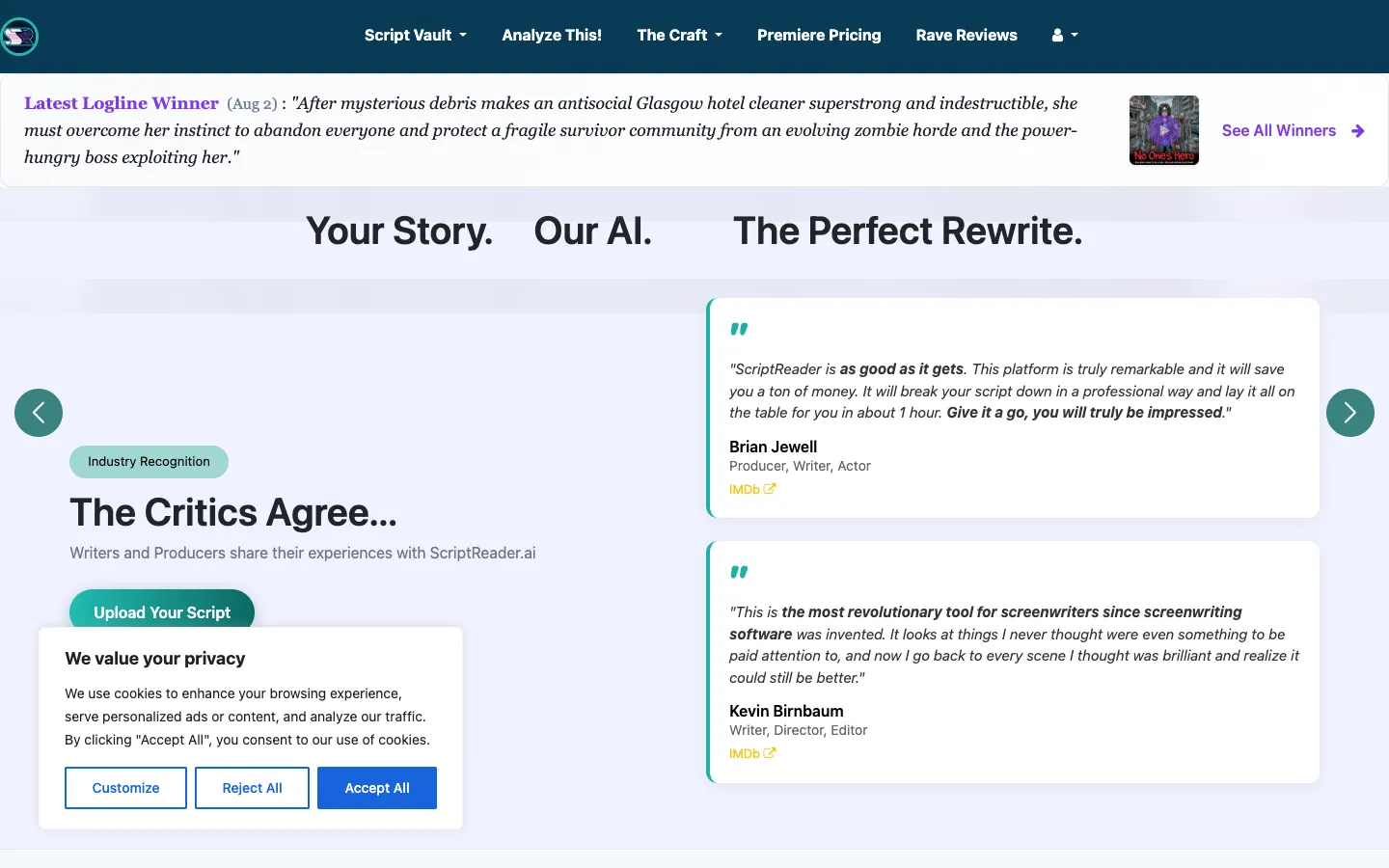 Screenshot of the Script Reader AI homepage