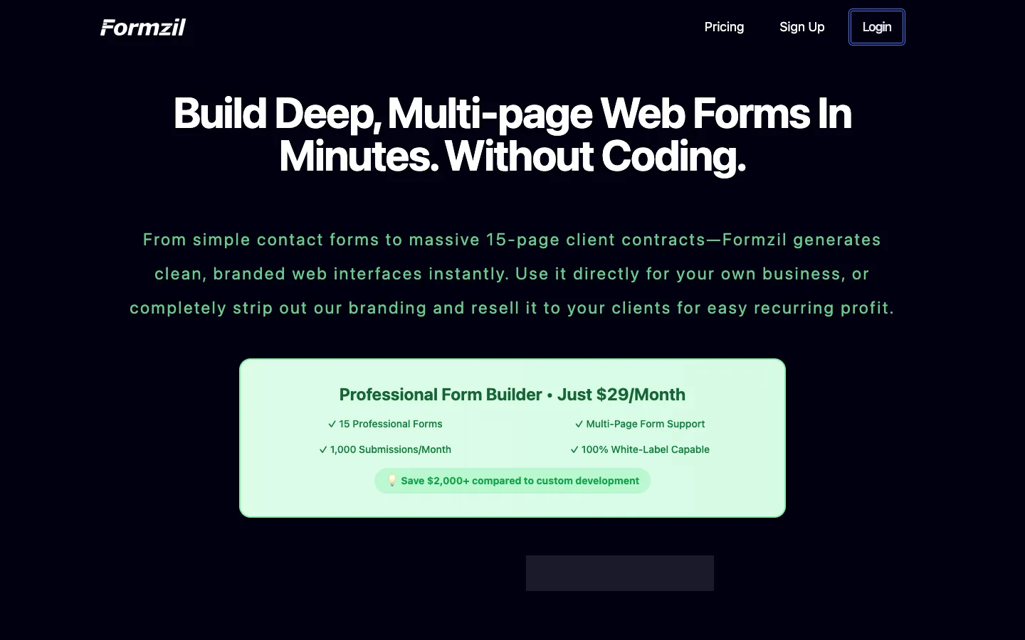 Screenshot of the Formzil homepage