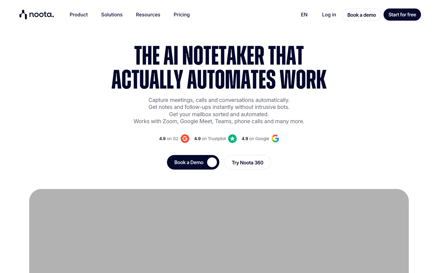 Screenshot of the Noota homepage
