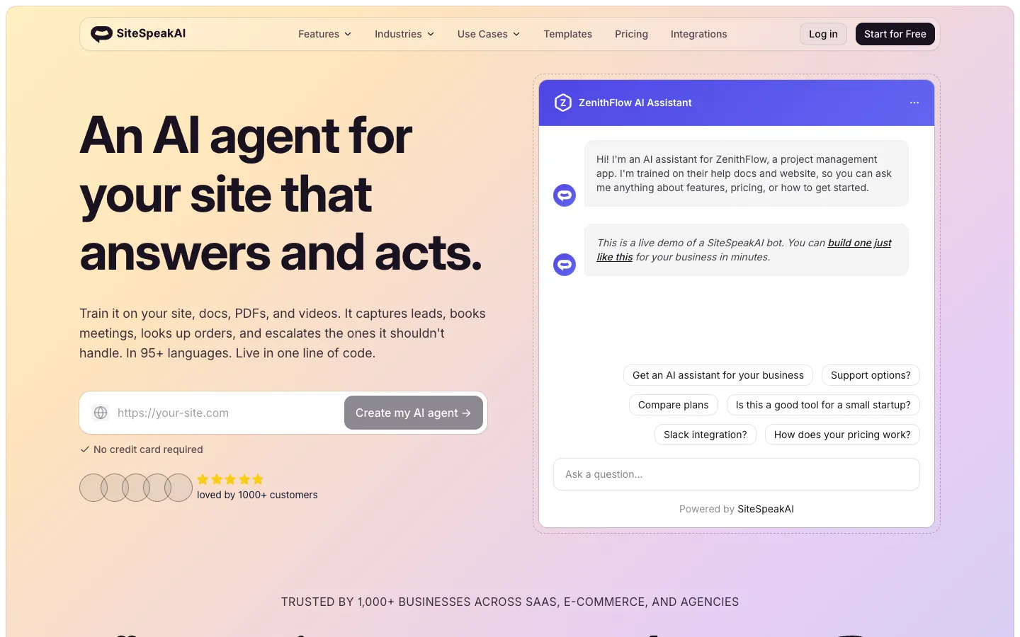 Screenshot of the SiteSpeakAI homepage