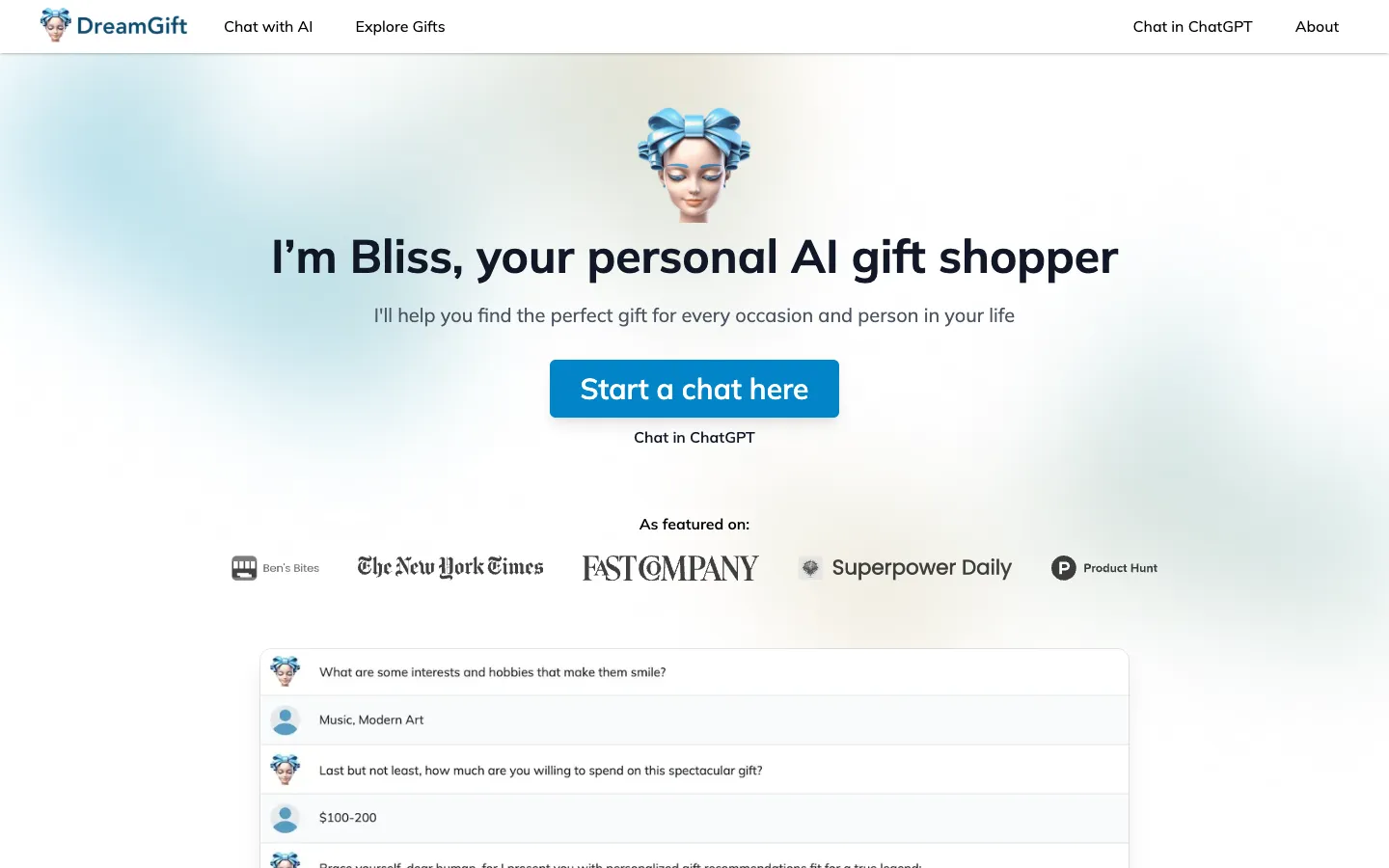 Screenshot of the DreamGift homepage