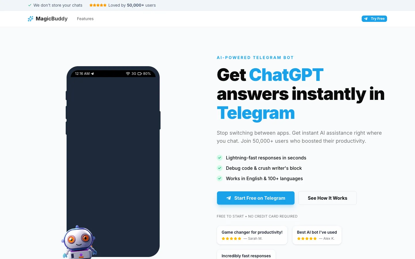 Screenshot of the MagicBuddy - ChatGPT in Telegram homepage
