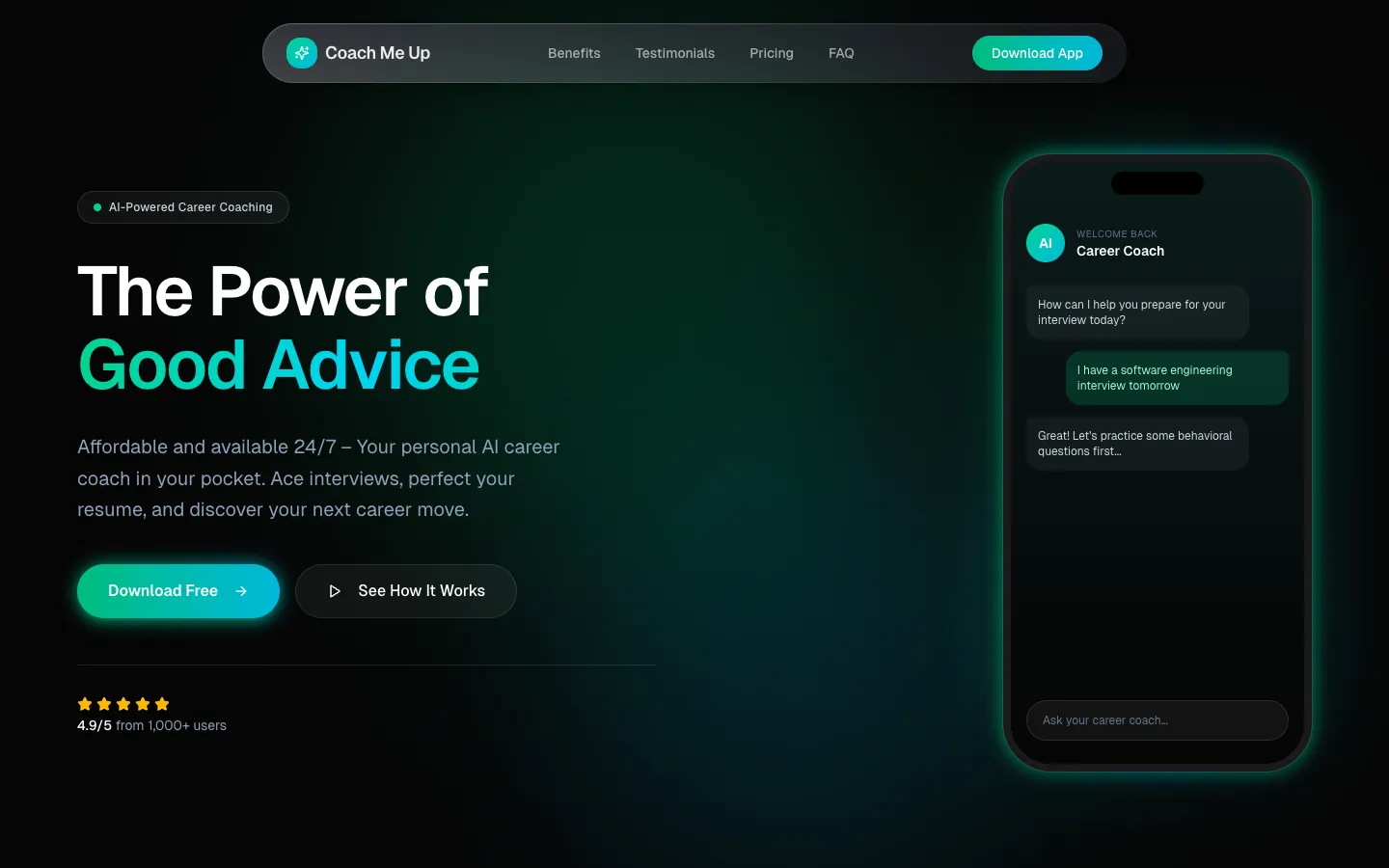 Screenshot of the Coach Me Up! homepage
