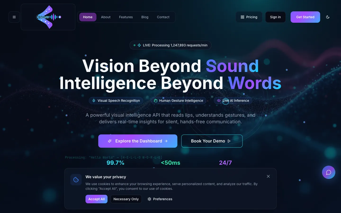Screenshot of the Charades AI homepage