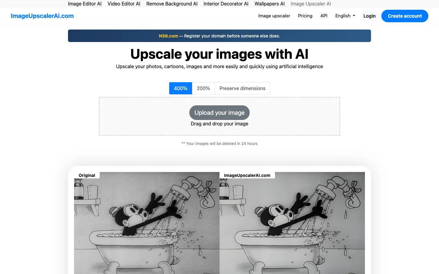Screenshot of the Image Upscaler AI homepage