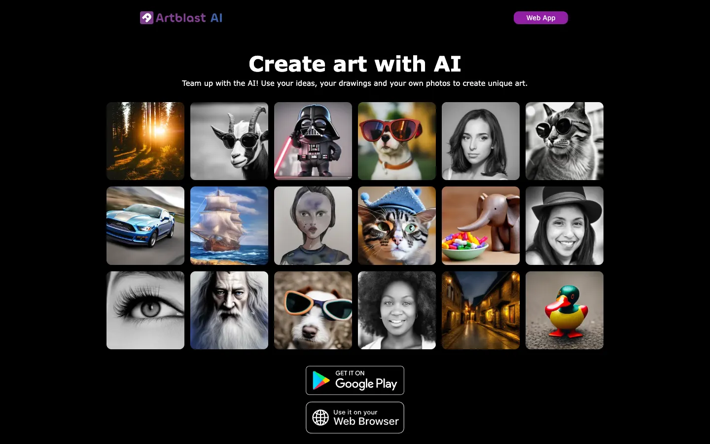 Screenshot of the ArtblastAI homepage