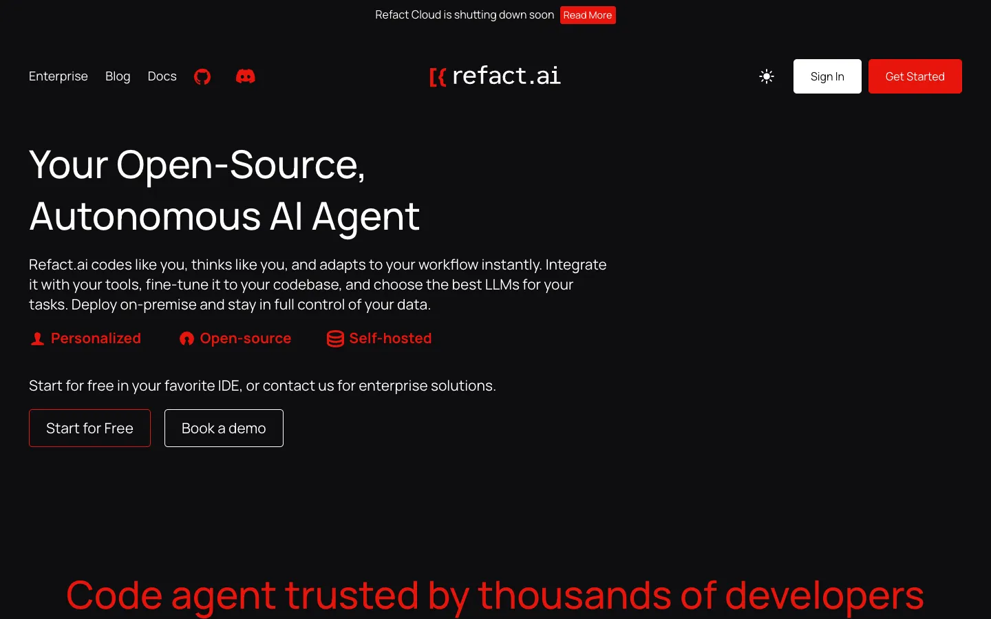 Screenshot of the Refact AI homepage