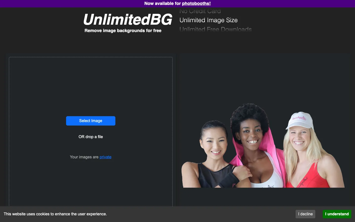 Screenshot of the Unlimited BG AI Background Removal Tool homepage
