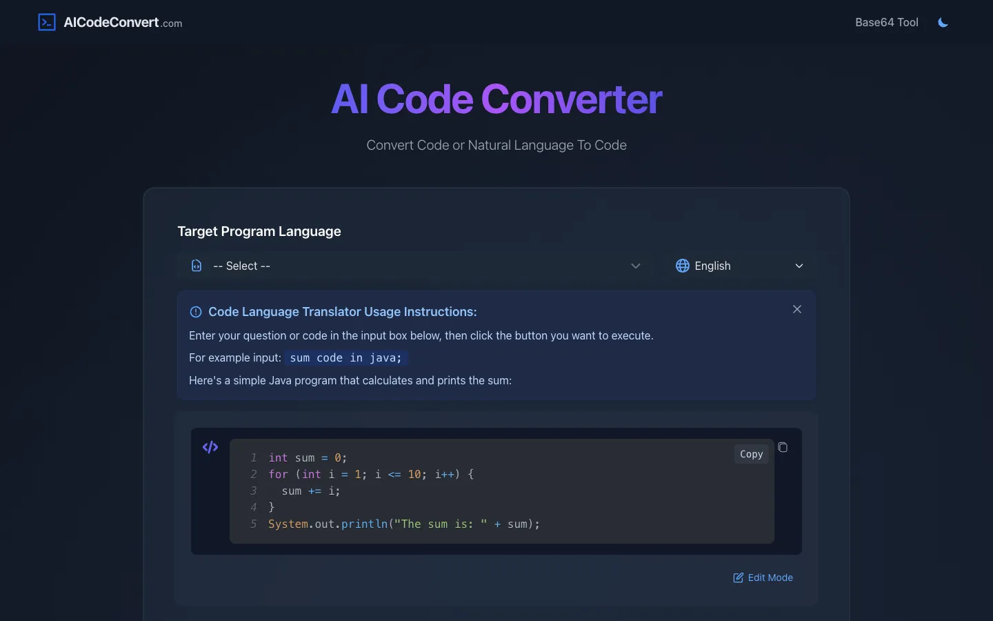 Screenshot of the AICodeConvert homepage