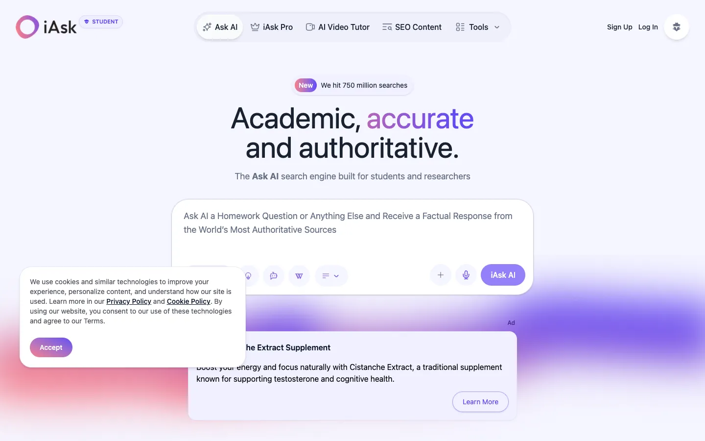 Screenshot of the iAsk Ai Generative Ai Search Engine homepage