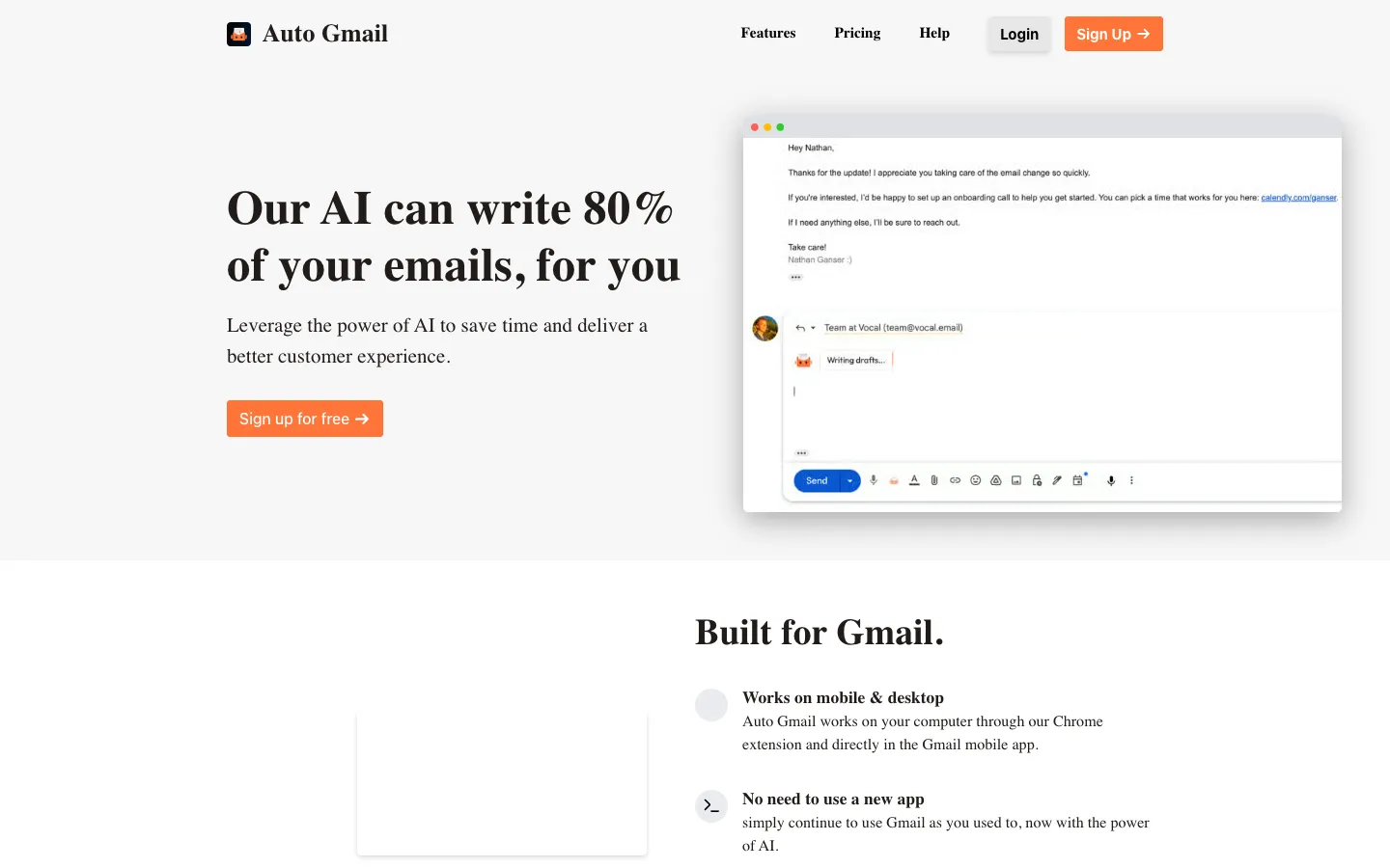 Screenshot of the Auto Gmail: ChatGPT for email homepage