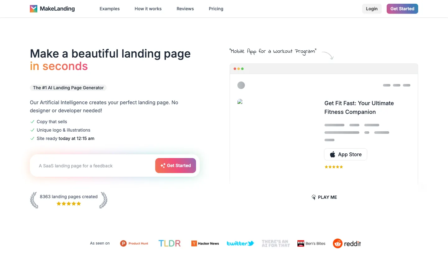 Screenshot of the MakeLanding homepage