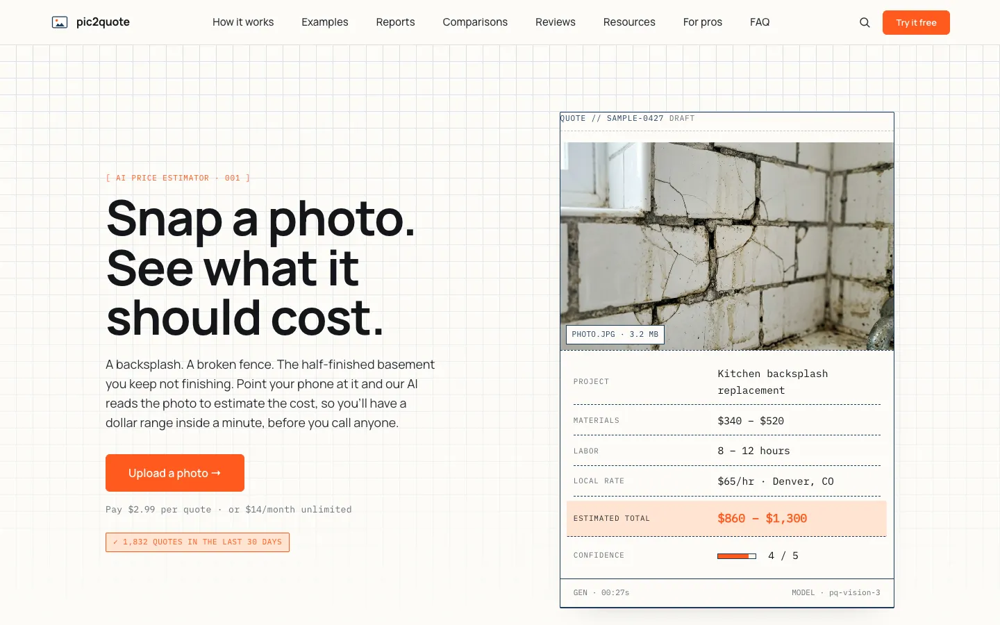 Screenshot of the Pic2Quote homepage
