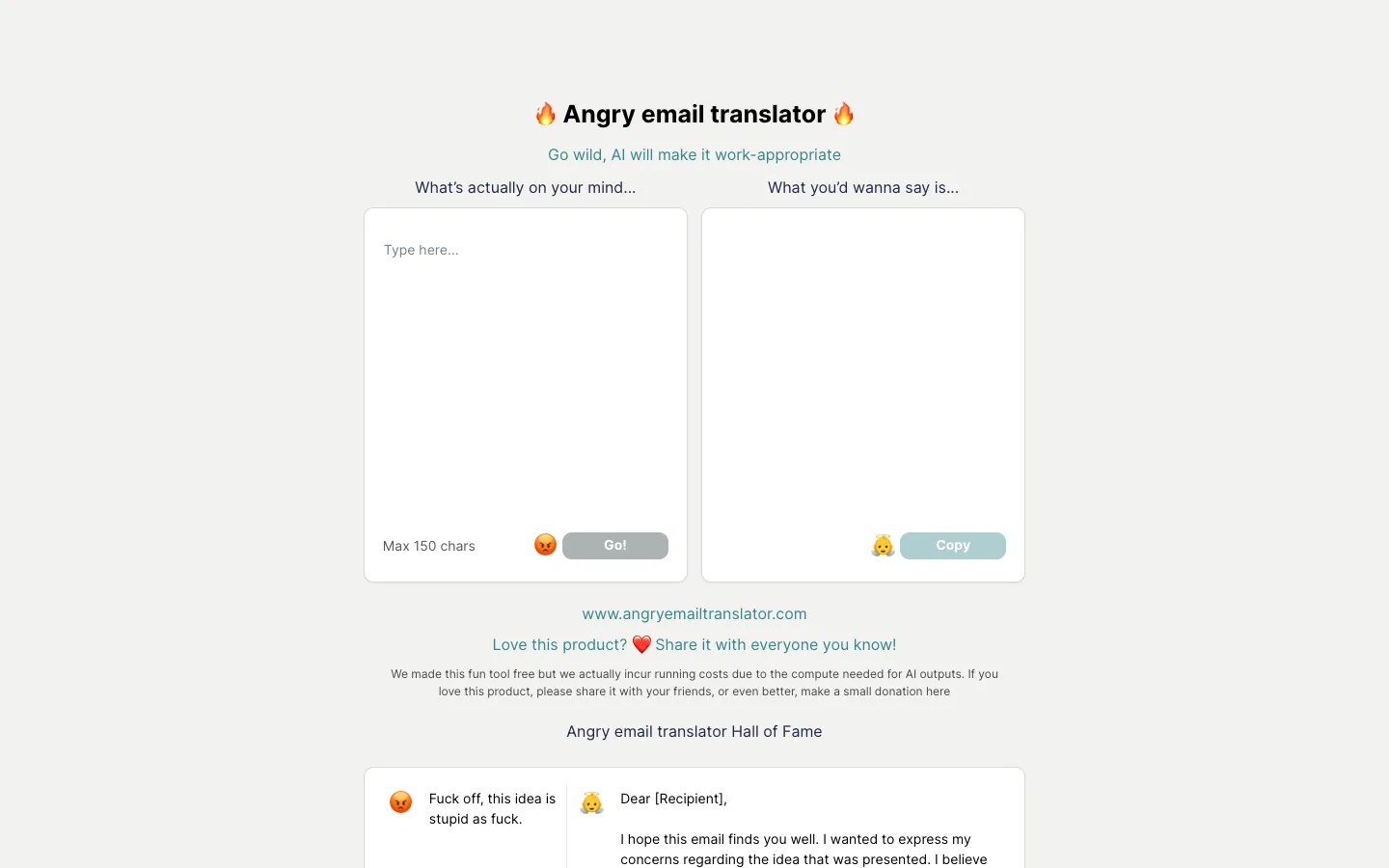 Screenshot of the Angry Email Translator homepage