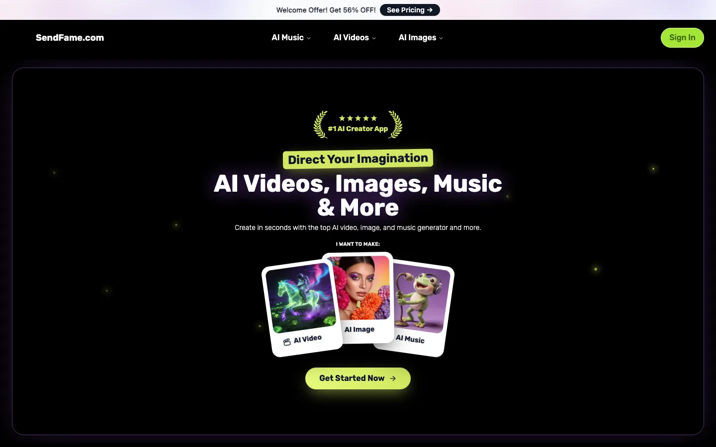Screenshot of the SendFame homepage