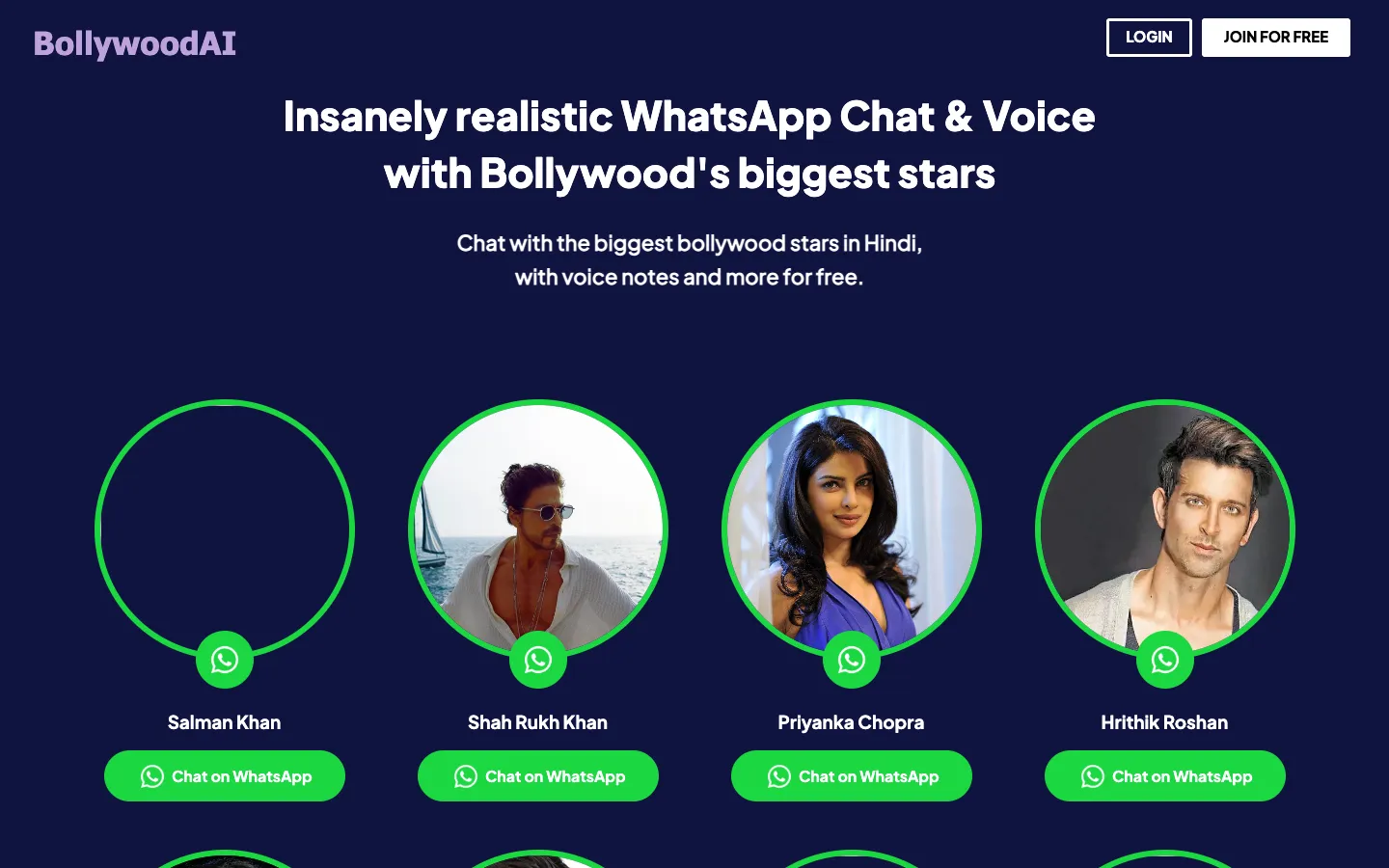 Screenshot of the BollywoodAI - Hindi 'Voice AI homepage