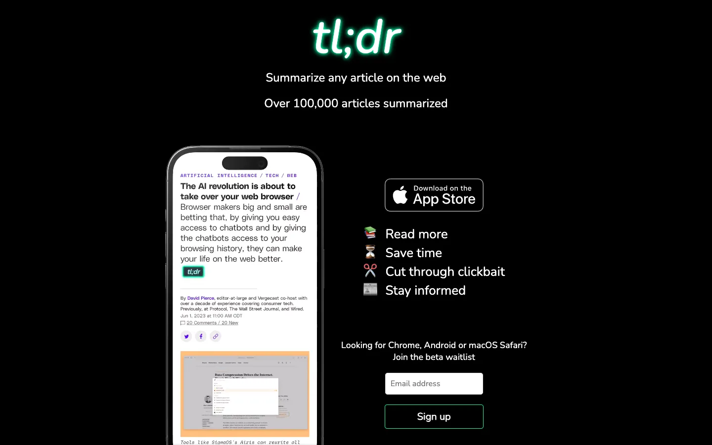 Screenshot of the tl;dr AI Summarizer homepage