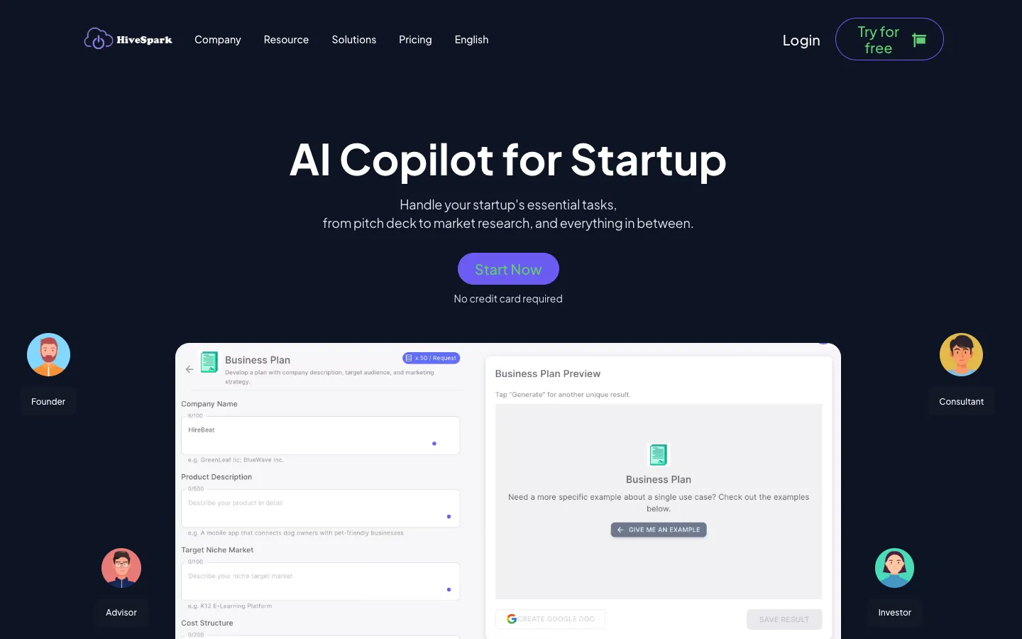 Screenshot of the HiveSpark homepage