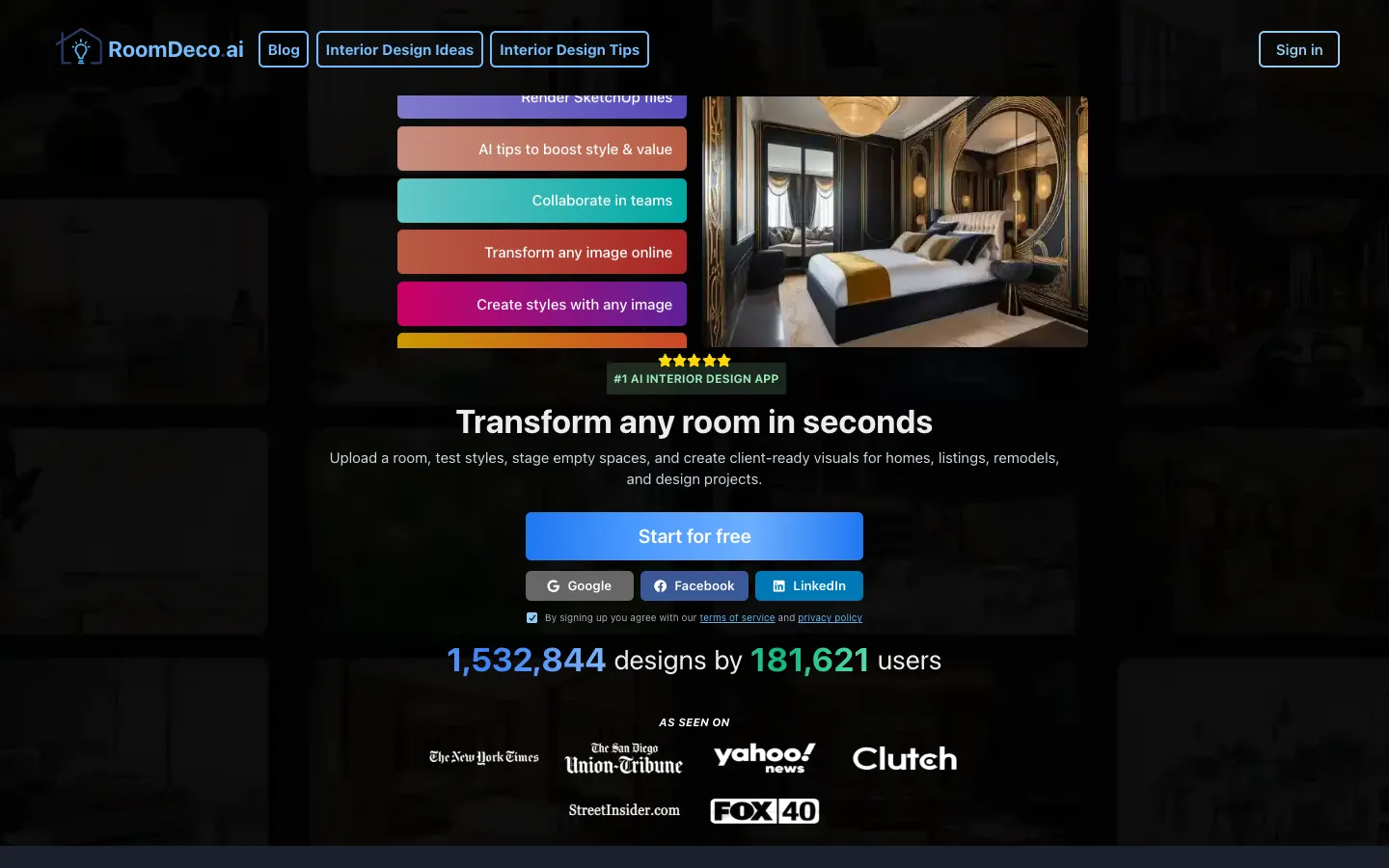 Screenshot of the RoomDeco AI homepage