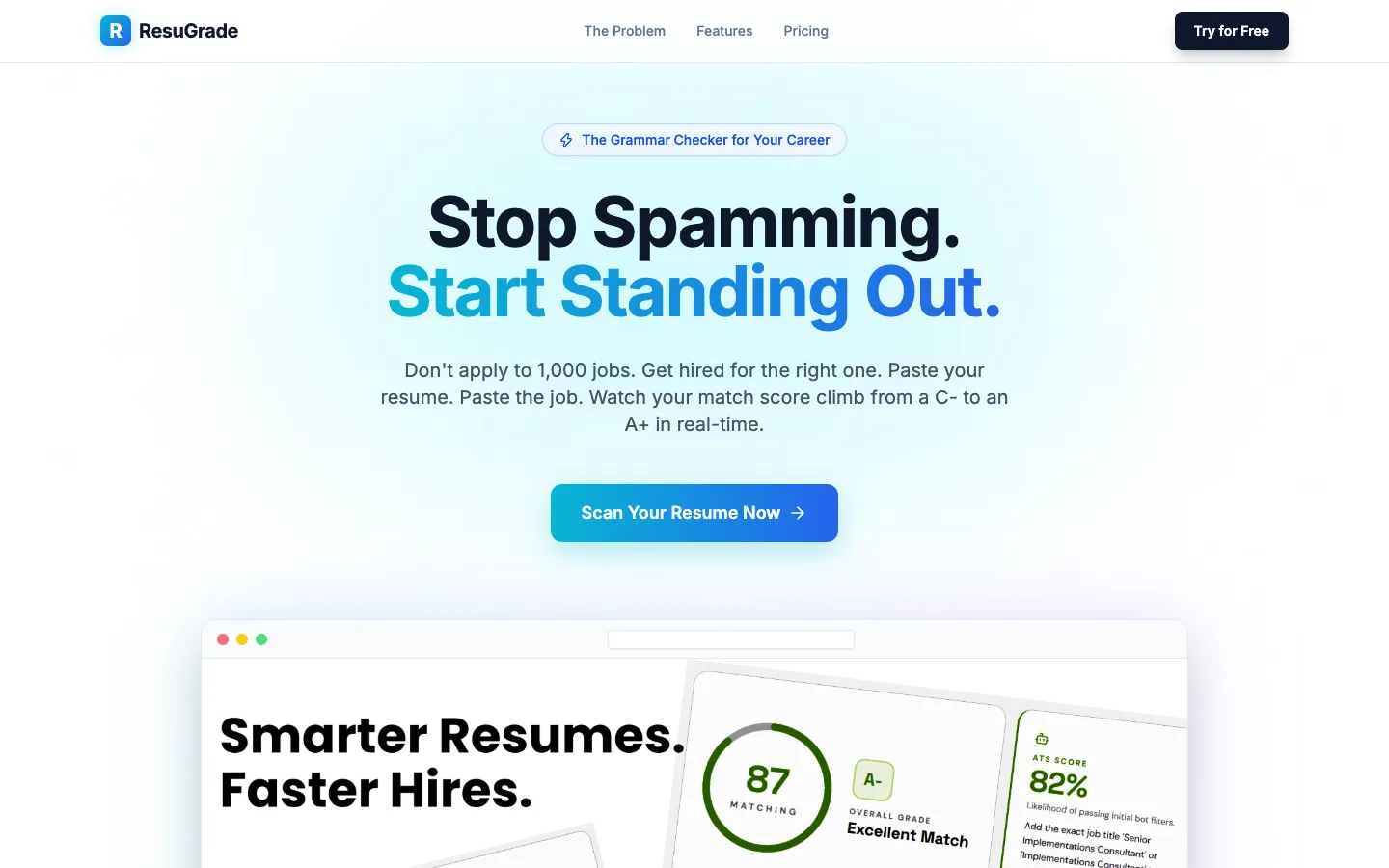 Screenshot of the ResuGrade homepage