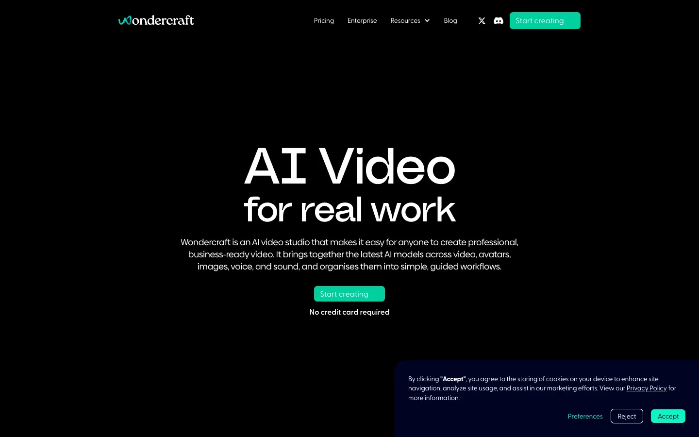 Screenshot of the Wondercraft AI homepage