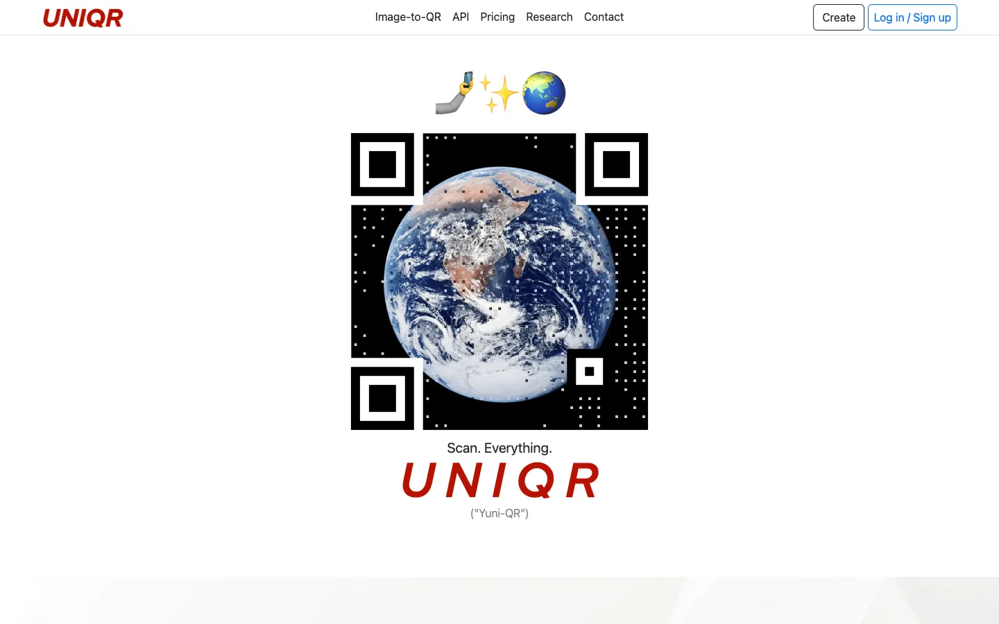 Screenshot of the UNIQR homepage