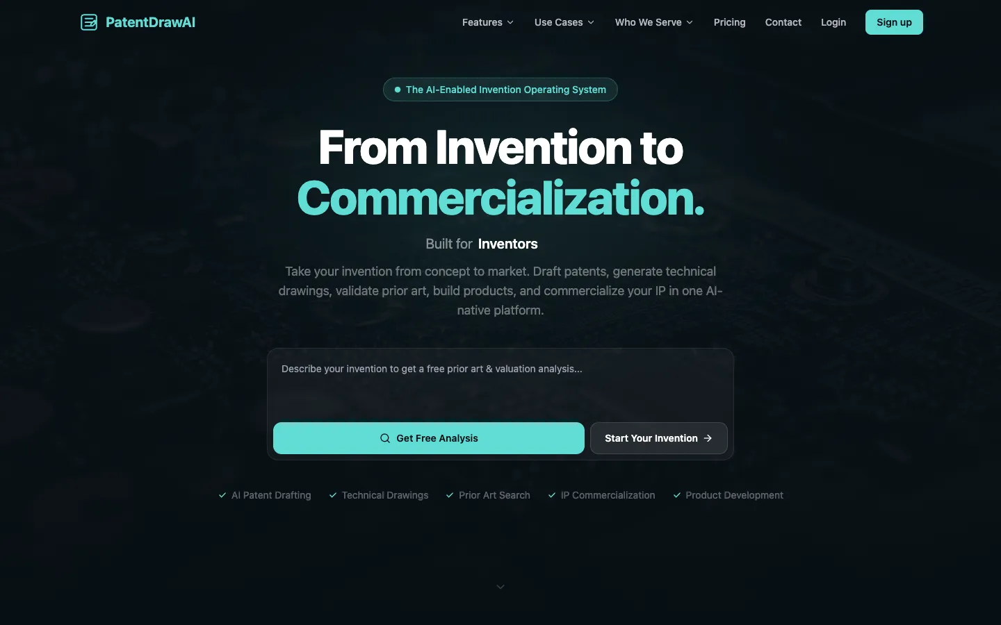 Screenshot of the PatentDrawAI homepage