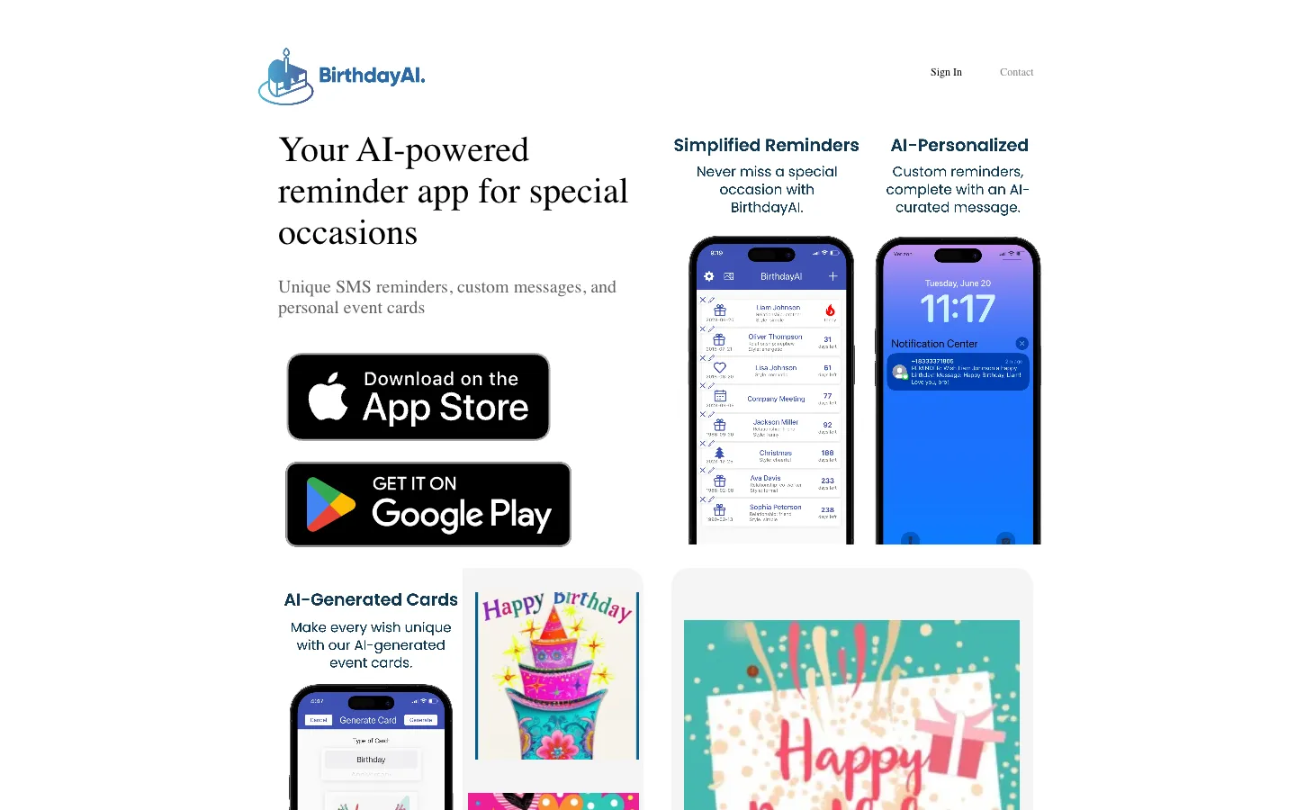 Screenshot of the BirthdayAI homepage