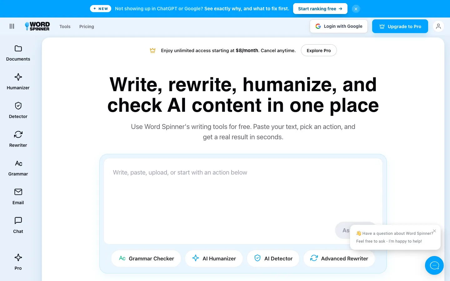 Screenshot of the Word Spinner homepage