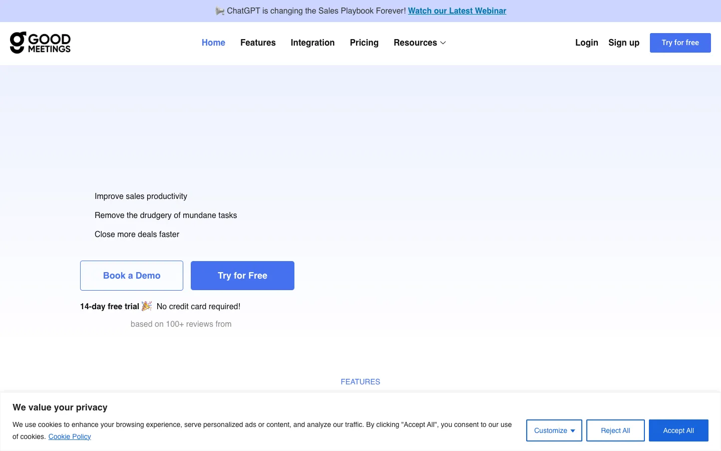 Screenshot of the Goodmeetings homepage