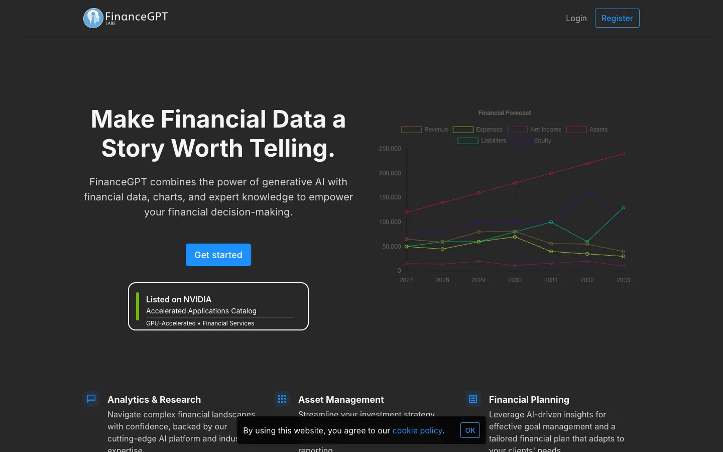 Screenshot of the FinanceGPT homepage