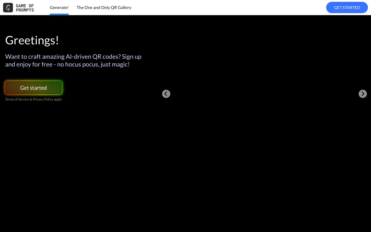 Screenshot of the ImagineQR - gameofprompts.ai homepage